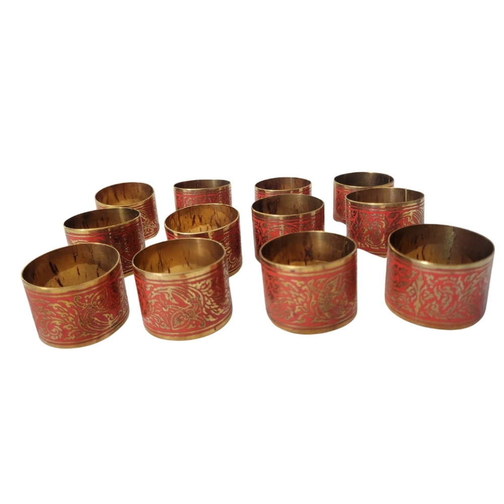 Vintage Thai Napkin Rings Lot Of 12 Brass Red Enamel Traditional Boho Dinner